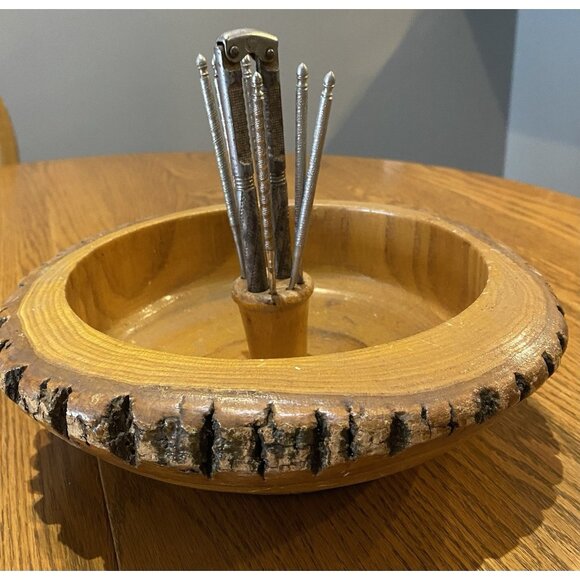 Vintage Handcrafted Wood Nut Cracker Bowl One Cracker 6 Picks W/Bark Brown 10” - Picture 1 of 4